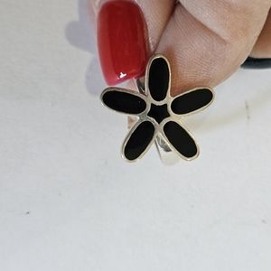 Silver and Black Flower Ring